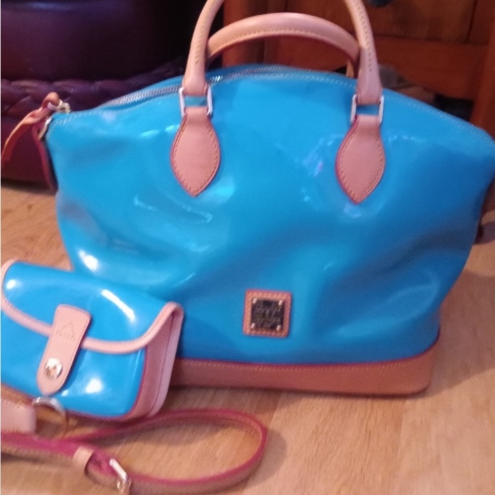 Dooney & Bourke Patented Turquoise Satchel and Pouch - Blue & Tan